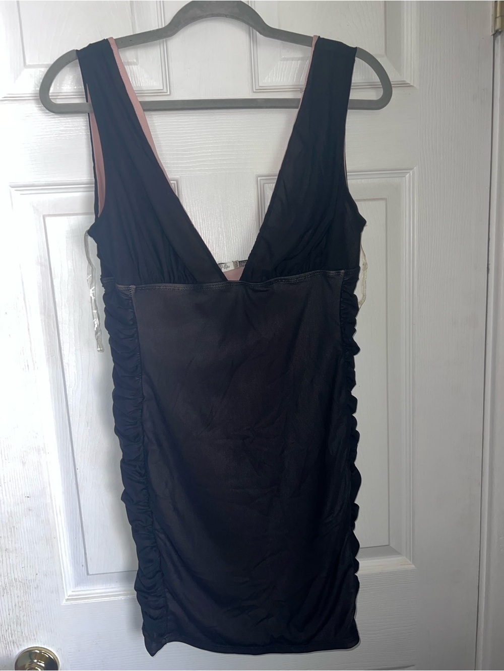 Black Deep V Ruched Side Dress